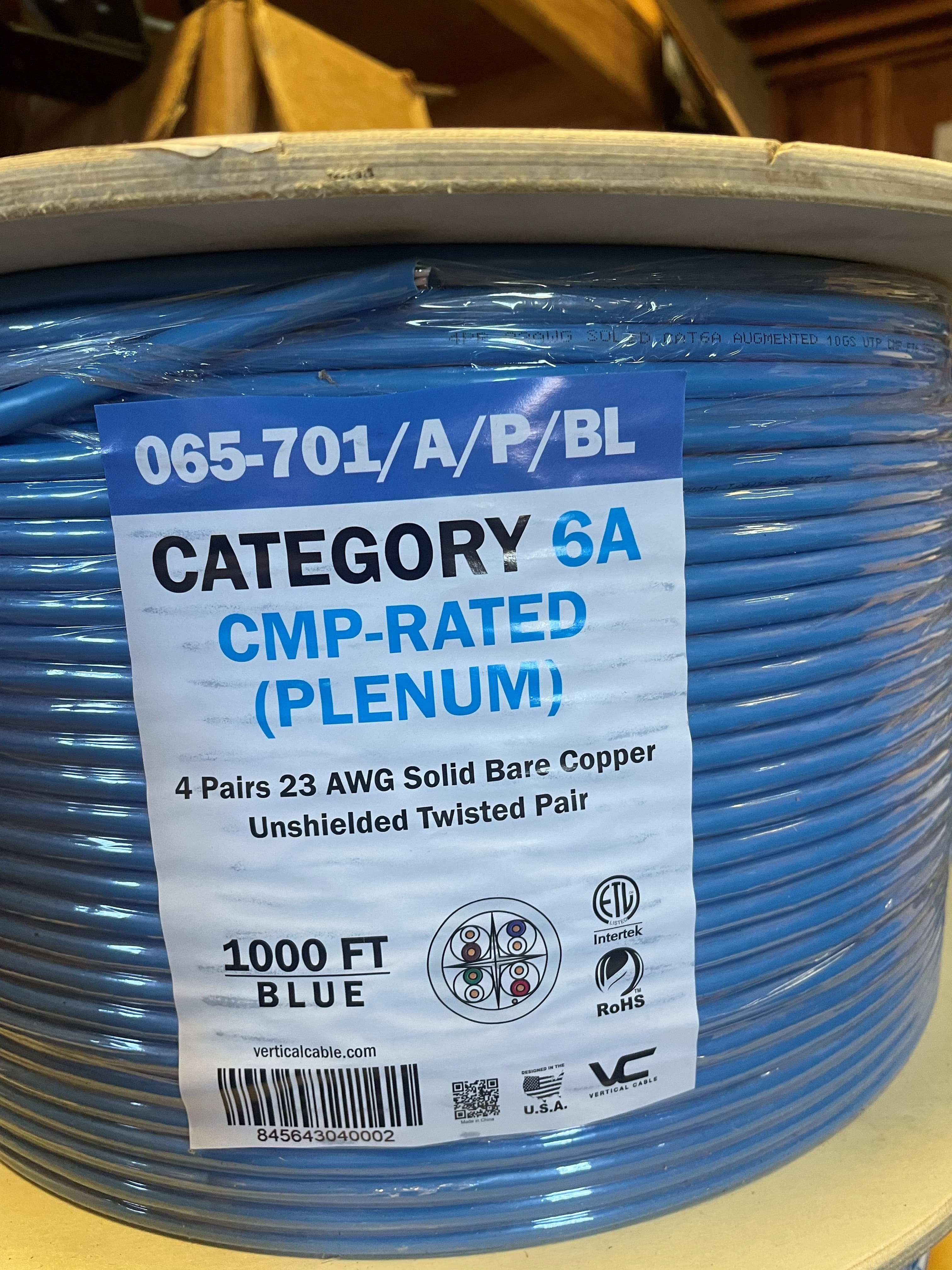 Vertical Cable Cat6A CMP Plenum UTP Reel - 1000 ft (Blue) thumbnail 3